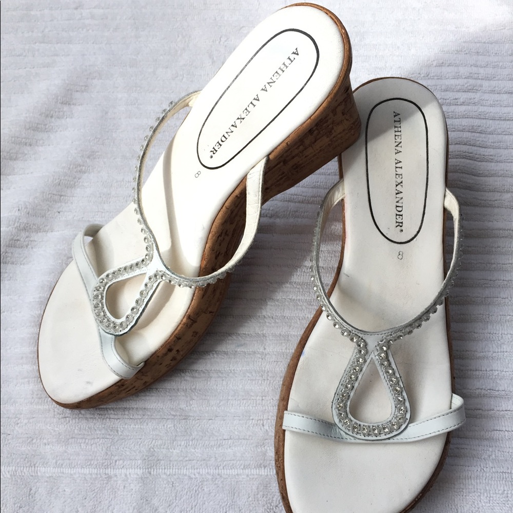 Athena Alexander White Wedge Sandal with Rhinestone Crystals Size US 8 IT 39